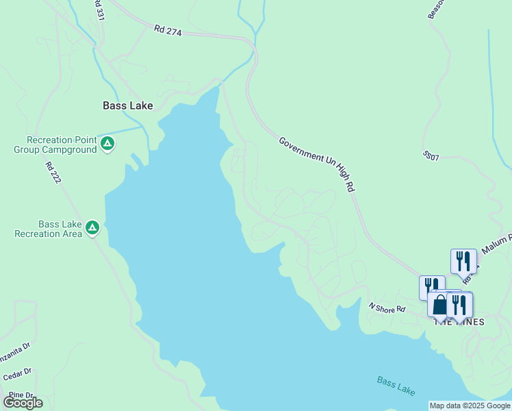 map of restaurants, bars, coffee shops, grocery stores, and more near 53743 Road 432 in Bass Lake