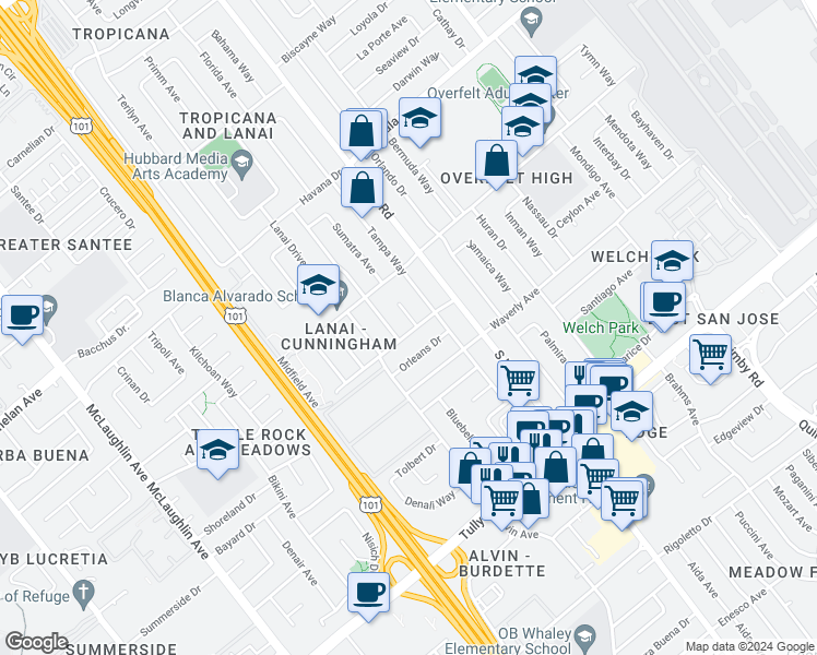 map of restaurants, bars, coffee shops, grocery stores, and more near 2123 Palm Beach Way in San Jose