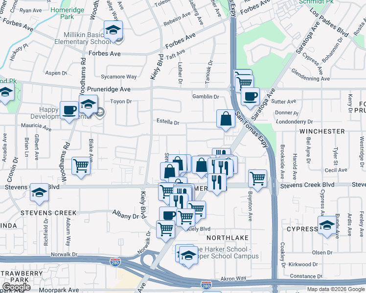 map of restaurants, bars, coffee shops, grocery stores, and more near 22 Buckingham Drive in Santa Clara