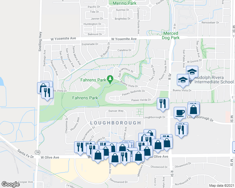 map of restaurants, bars, coffee shops, grocery stores, and more near 1305 Paseo Redondo Drive in Merced