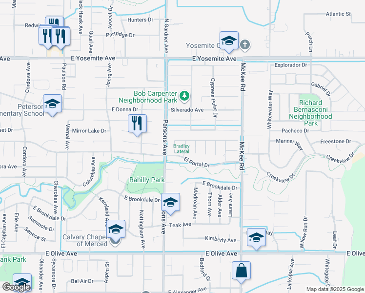 map of restaurants, bars, coffee shops, grocery stores, and more near 3351 Banbury Lane in Merced