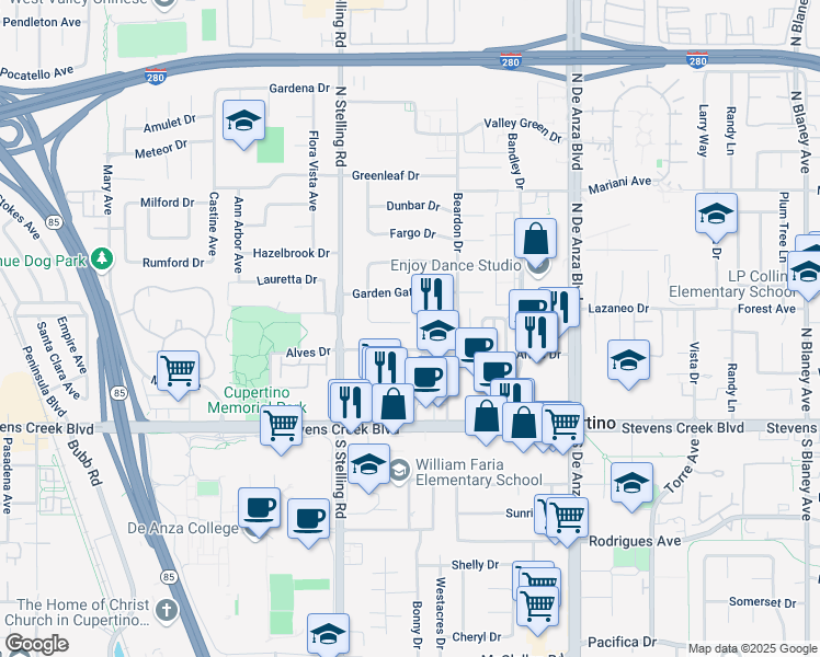 map of restaurants, bars, coffee shops, grocery stores, and more near 20832 Elenda Drive in Cupertino