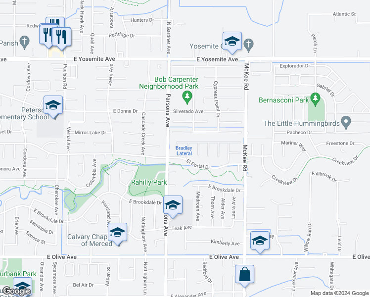 map of restaurants, bars, coffee shops, grocery stores, and more near 3351 Banbury Lane in Merced