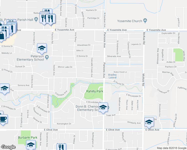 map of restaurants, bars, coffee shops, grocery stores, and more near 3422 Cascade Creek Avenue in Merced