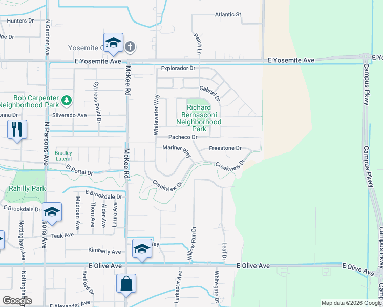 map of restaurants, bars, coffee shops, grocery stores, and more near 2377 Mariner Way in Merced