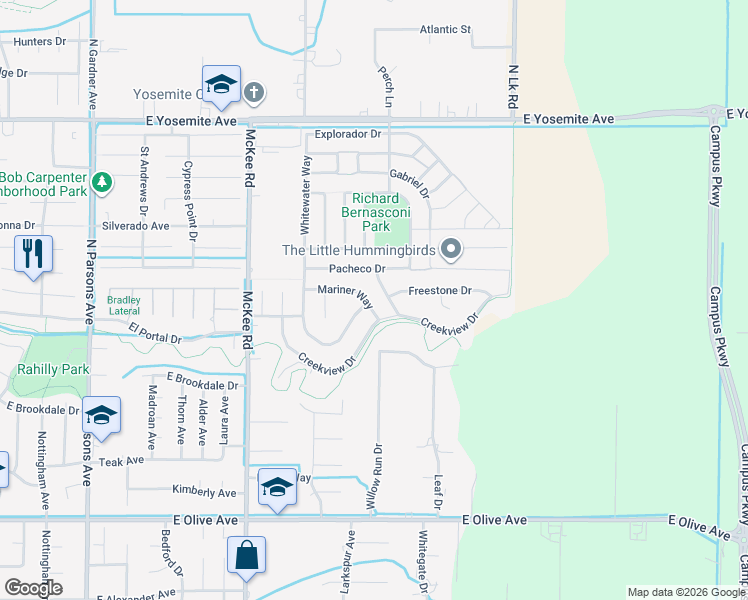 map of restaurants, bars, coffee shops, grocery stores, and more near 2370 Mariner Way in Merced