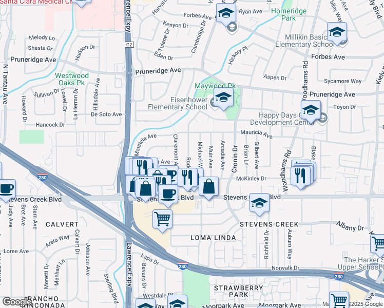 map of restaurants, bars, coffee shops, grocery stores, and more near 135 Rodonovan Drive in Santa Clara