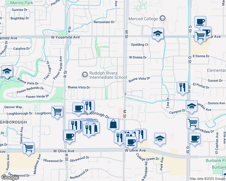 map of restaurants, bars, coffee shops, grocery stores, and more near 3374 San Fernando Ct in Merced