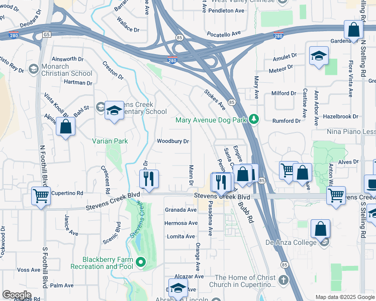map of restaurants, bars, coffee shops, grocery stores, and more near 21821 Monte Court in Cupertino