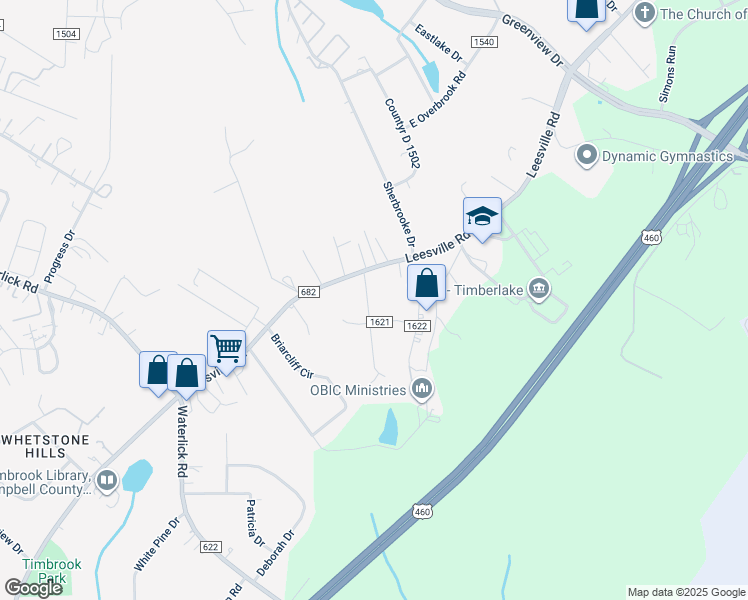 map of restaurants, bars, coffee shops, grocery stores, and more near 70 Deer Creek Drive in Lynchburg