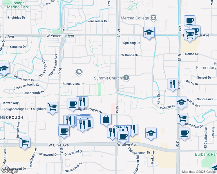 map of restaurants, bars, coffee shops, grocery stores, and more near 3375 De Anza Court in Merced