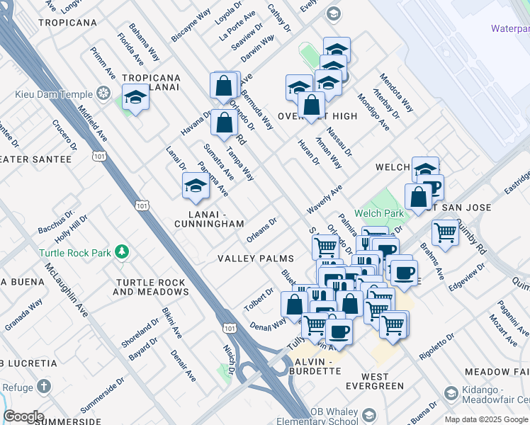 map of restaurants, bars, coffee shops, grocery stores, and more near 1656 Pensacola Drive in San Jose