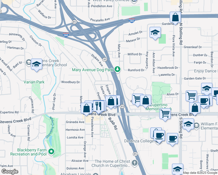 map of restaurants, bars, coffee shops, grocery stores, and more near 10220 Empire Avenue in Cupertino