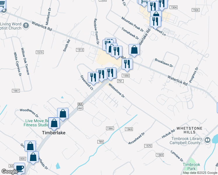 map of restaurants, bars, coffee shops, grocery stores, and more near 928 Whitestone Drive in Lynchburg