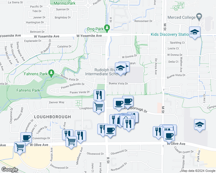 map of restaurants, bars, coffee shops, grocery stores, and more near 3382 R Street in Merced