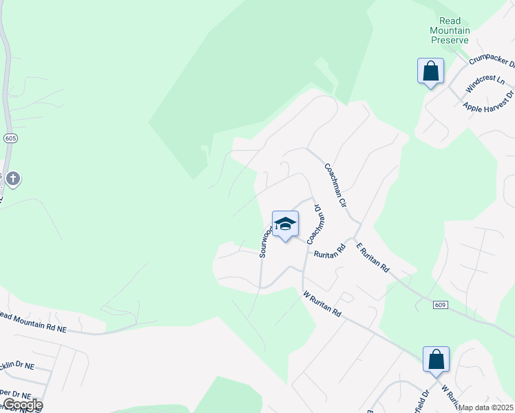 map of restaurants, bars, coffee shops, grocery stores, and more near 2414 Coachman Drive in Roanoke