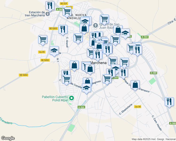 map of restaurants, bars, coffee shops, grocery stores, and more near 58 Calle Méndez Núñez in Marchena