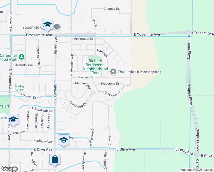 map of restaurants, bars, coffee shops, grocery stores, and more near 2438 Freestone Drive in Merced