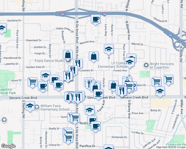 map of restaurants, bars, coffee shops, grocery stores, and more near 10131 Parish Place in Cupertino