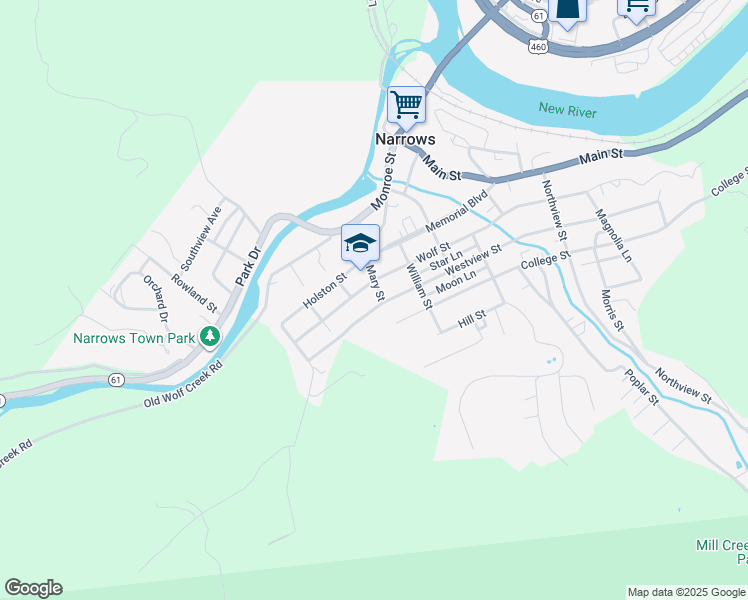 map of restaurants, bars, coffee shops, grocery stores, and more near 308 Mary Street in Narrows