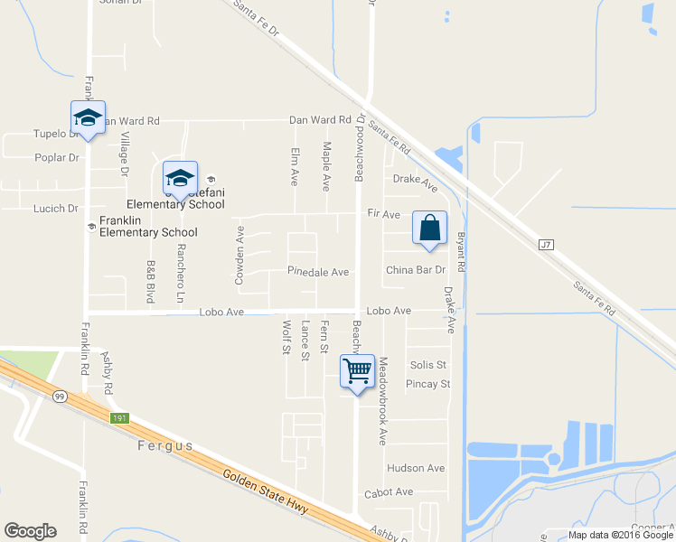 map of restaurants, bars, coffee shops, grocery stores, and more near 2367 Pinedale Avenue in Merced