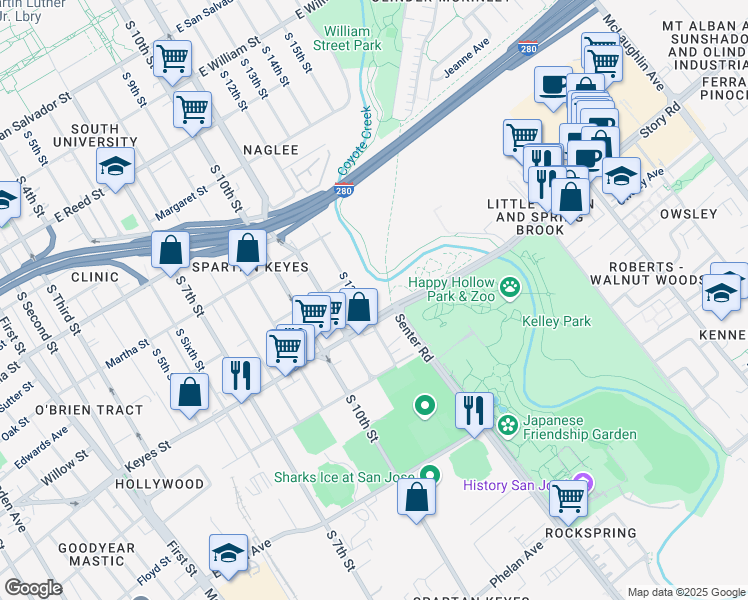 map of restaurants, bars, coffee shops, grocery stores, and more near 1050 South 12th Street in San Jose