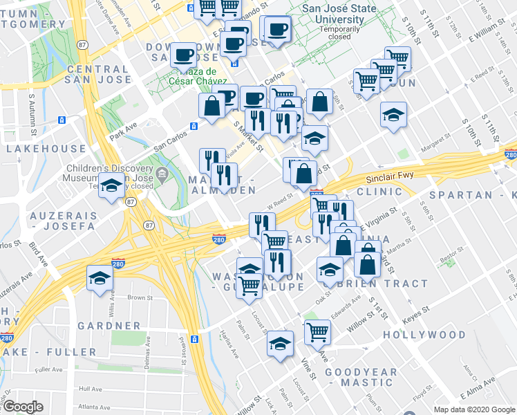 map of restaurants, bars, coffee shops, grocery stores, and more near 111 West Reed Street in San Jose