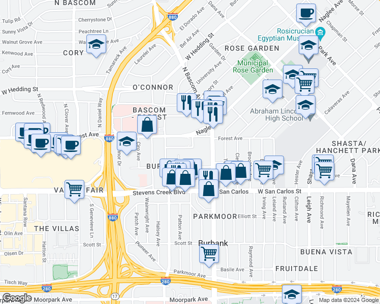map of restaurants, bars, coffee shops, grocery stores, and more near 2024 Clarmar Way in San Jose