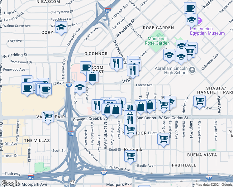 map of restaurants, bars, coffee shops, grocery stores, and more near 2024 Clarmar Way in San Jose