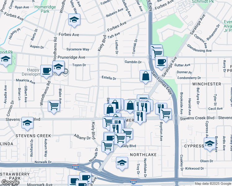 map of restaurants, bars, coffee shops, grocery stores, and more near 22 Buckingham Drive in Santa Clara