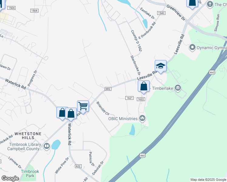 map of restaurants, bars, coffee shops, grocery stores, and more near 19587 Leesville Road in Lynchburg