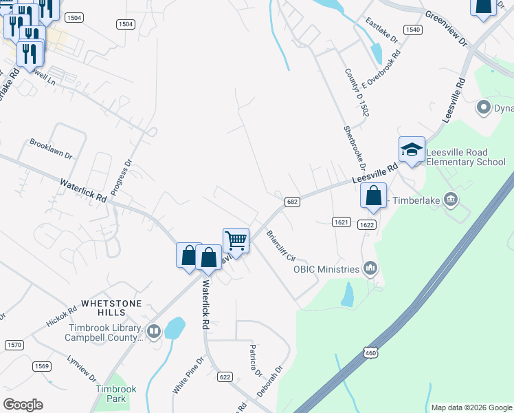 map of restaurants, bars, coffee shops, grocery stores, and more near 19442 Leesville Road in Lynchburg
