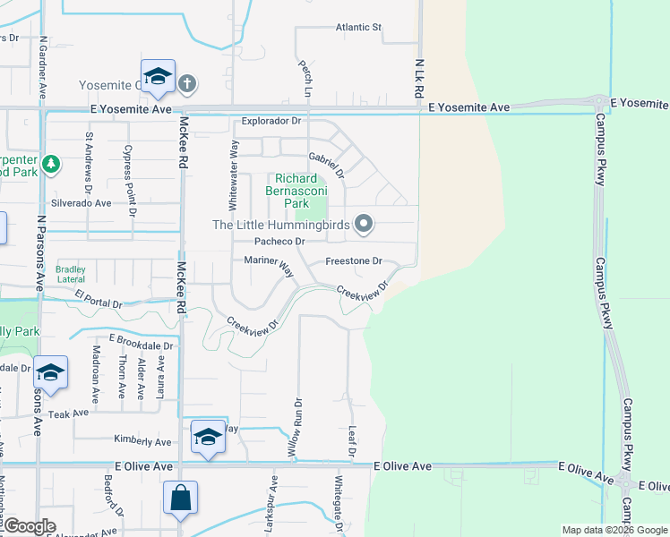 map of restaurants, bars, coffee shops, grocery stores, and more near 2438 Freestone Drive in Merced