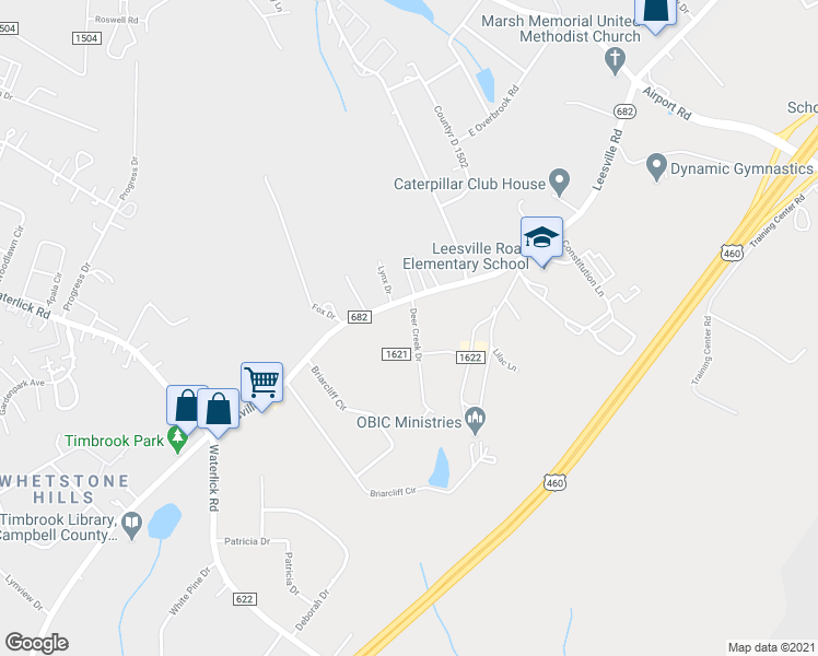 map of restaurants, bars, coffee shops, grocery stores, and more near 63 Deer Creek Drive in Lynchburg