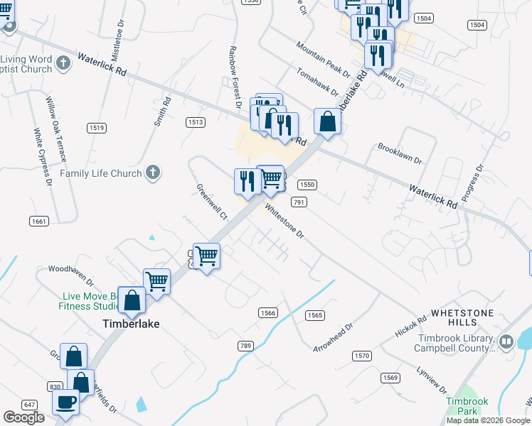 map of restaurants, bars, coffee shops, grocery stores, and more near 928 Whitestone Drive in Lynchburg