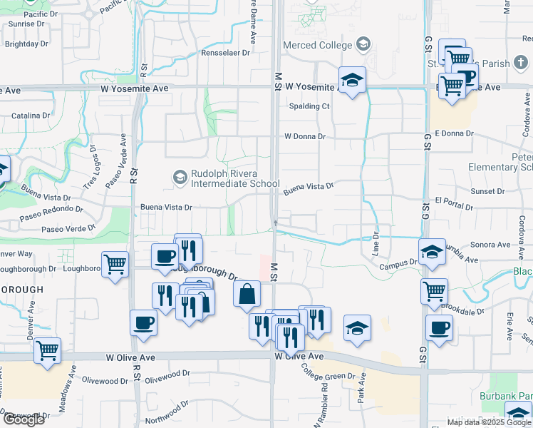 map of restaurants, bars, coffee shops, grocery stores, and more near 3373 M Street in Merced