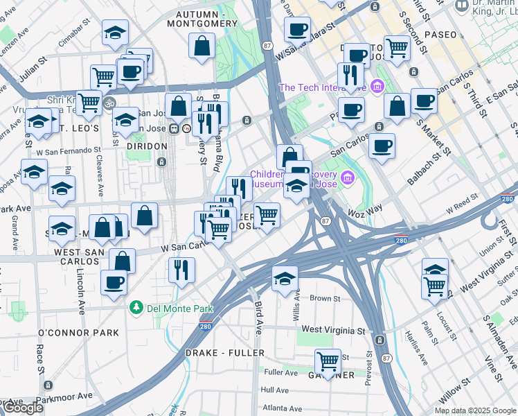 map of restaurants, bars, coffee shops, grocery stores, and more near 478 West San Carlos Street in San Jose