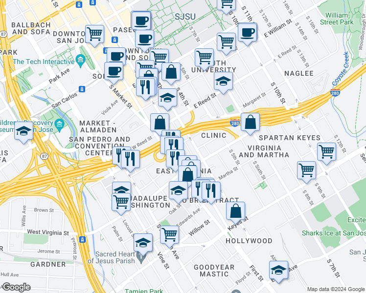 map of restaurants, bars, coffee shops, grocery stores, and more near 712 South Second Street in San Jose