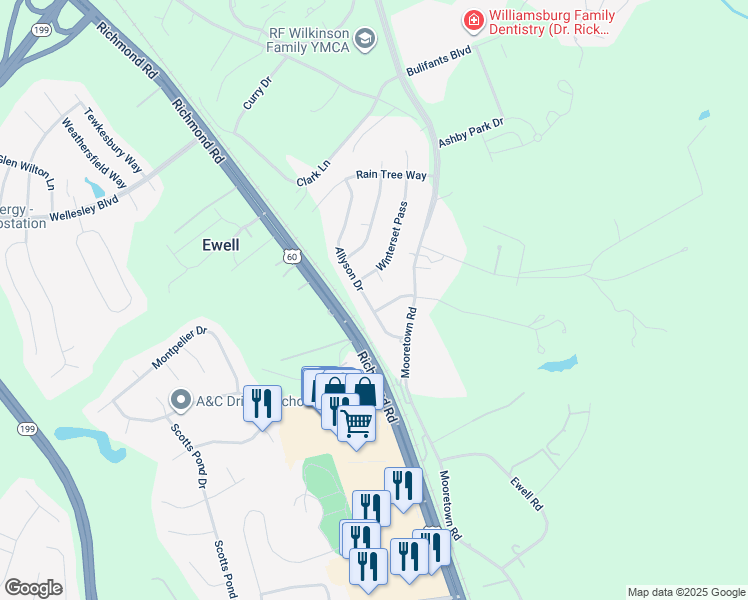 map of restaurants, bars, coffee shops, grocery stores, and more near 109 Pemberton Lane in Williamsburg