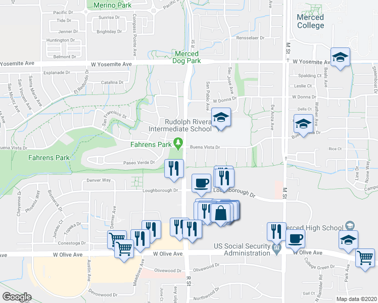 map of restaurants, bars, coffee shops, grocery stores, and more near 3384 R Street in Merced