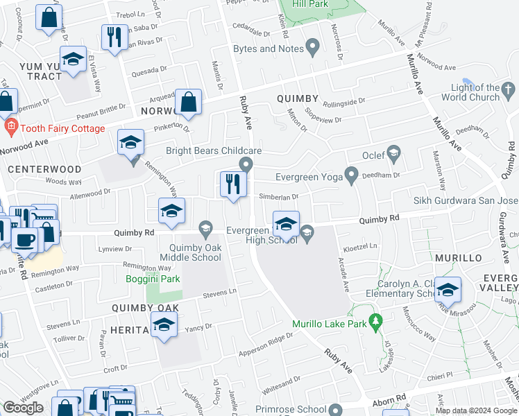 map of restaurants, bars, coffee shops, grocery stores, and more near 3073 Rasmus Circle in San Jose