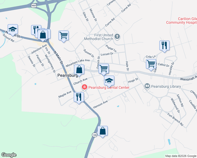 map of restaurants, bars, coffee shops, grocery stores, and more near 205 South Woodrum Street in Pearisburg