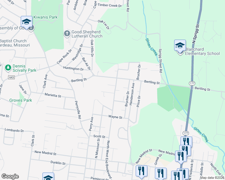 map of restaurants, bars, coffee shops, grocery stores, and more near 1541 North West End Boulevard in Cape Girardeau