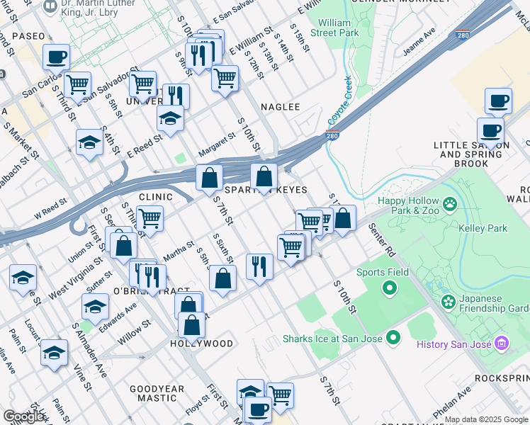 map of restaurants, bars, coffee shops, grocery stores, and more near 925 South 9th Street in San Jose