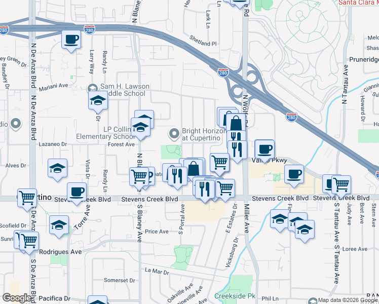 map of restaurants, bars, coffee shops, grocery stores, and more near 10211 Colby Avenue in Cupertino