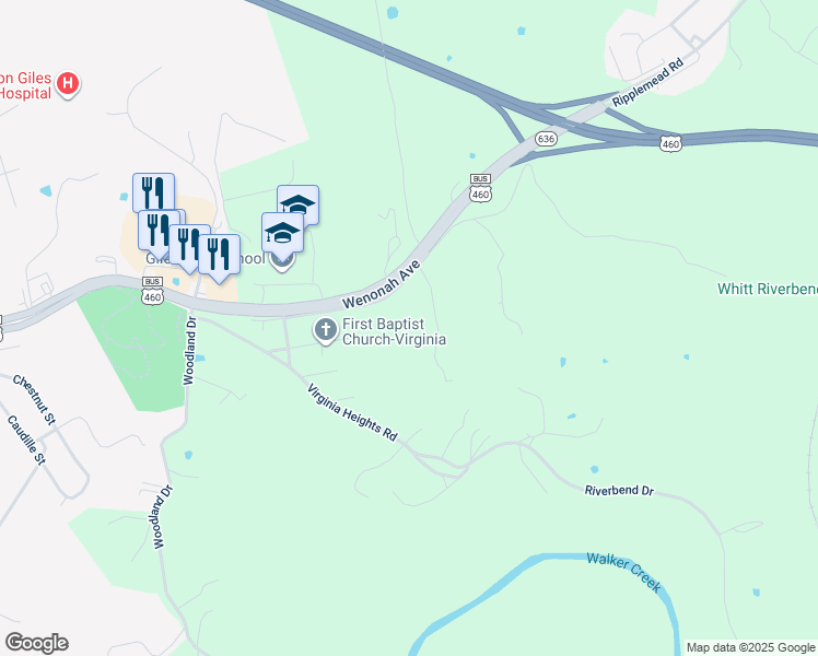 map of restaurants, bars, coffee shops, grocery stores, and more near 340 Crickett Lane in Pearisburg