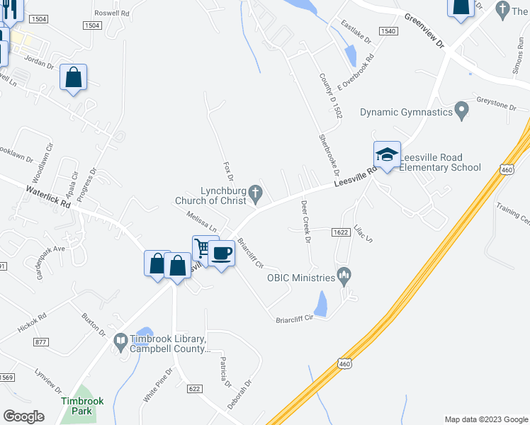 map of restaurants, bars, coffee shops, grocery stores, and more near 19569 Leesville Road in Lynchburg