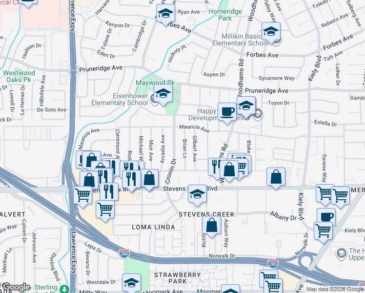 map of restaurants, bars, coffee shops, grocery stores, and more near 136 Brian Lane in Santa Clara