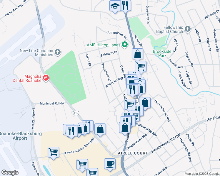 map of restaurants, bars, coffee shops, grocery stores, and more near 5608 Thornrose Road in Roanoke