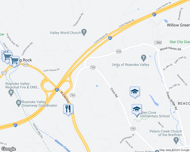 map of restaurants, bars, coffee shops, grocery stores, and more near 6204 Cove Road in Roanoke